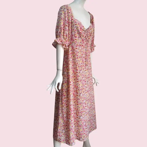 Lush Boho Ditsy Floral Smocked Back Sweetheart Neck Puff Sleeve Midi Dress Sz XL - Picture 3 of 11